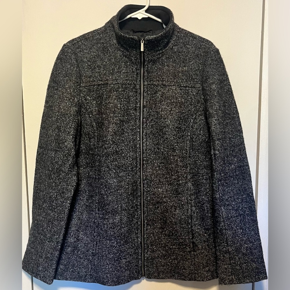 Lands End Wool Zip Jacket Marled Black Grey High Neck Size 16T
